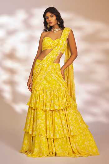 Buy_Kiyohra_Yellow Georgette Pearls Leona Botanical Print Pre-draped Saree With Blouse _at_Aza_Fashions