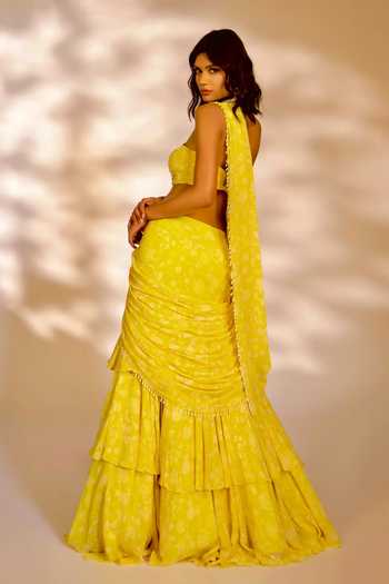 Kiyohra_Yellow Georgette Pearls Leona Botanical Print Pre-draped Saree With Blouse _Online_at_Aza_Fashions