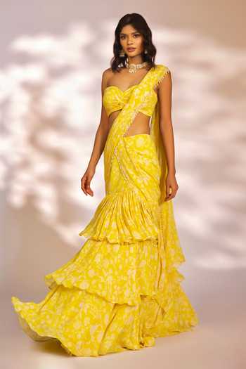 Buy_Kiyohra_Yellow Georgette Pearls Leona Botanical Print Pre-draped Saree With Blouse _Online_at_Aza_Fashions