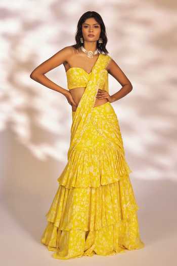 Shop_Kiyohra_Yellow Georgette Pearls Leona Botanical Print Pre-draped Saree With Blouse _Online_at_Aza_Fashions