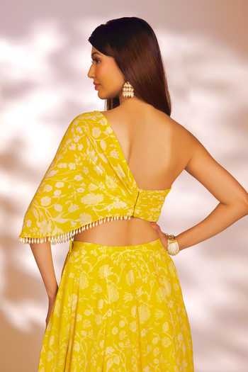 Kiyohra_Yellow Georgette Pearls Sweetheart Neck Opal Floral Print Lehenga And Blouse Set _Online_at_Aza_Fashions