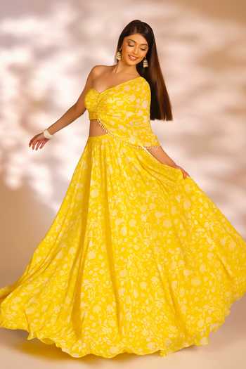 Buy_Kiyohra_Yellow Georgette Pearls Sweetheart Neck Opal Floral Print Lehenga And Blouse Set _Online_at_Aza_Fashions