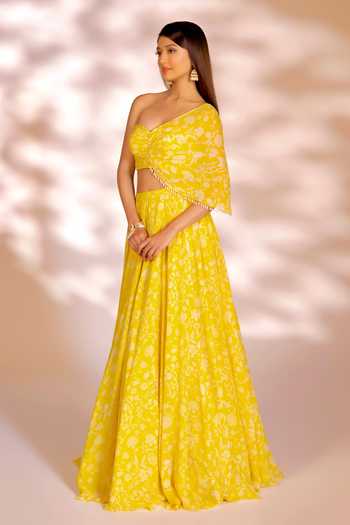 Shop_Kiyohra_Yellow Georgette Pearls Sweetheart Neck Opal Floral Print Lehenga And Blouse Set _Online_at_Aza_Fashions