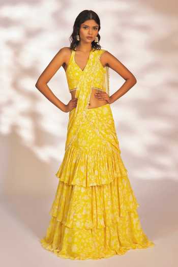 Buy_Kiyohra_Yellow Georgette Pearls Amani Botanical Print Pre-draped Saree With Blouse _at_Aza_Fashions