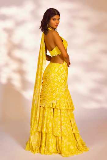 Shop_Kiyohra_Yellow Georgette Pearls Amani Botanical Print Pre-draped Saree With Blouse _at_Aza_Fashions