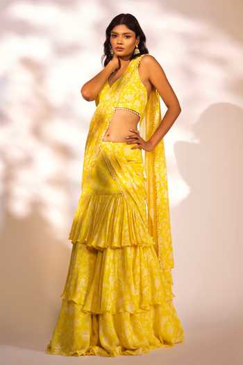 Kiyohra_Yellow Georgette Pearls Amani Botanical Print Pre-draped Saree With Blouse _Online_at_Aza_Fashions