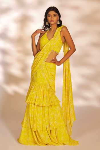 Buy_Kiyohra_Yellow Georgette Pearls Amani Botanical Print Pre-draped Saree With Blouse _Online_at_Aza_Fashions
