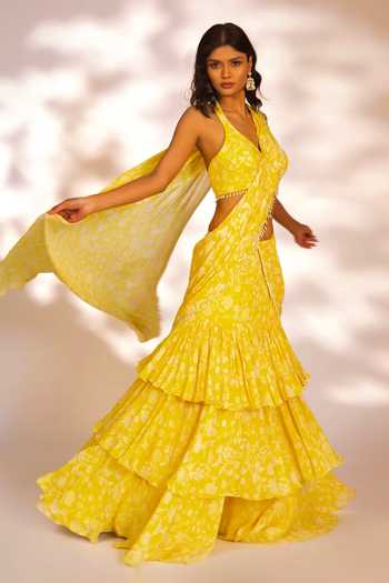 Shop_Kiyohra_Yellow Georgette Pearls Amani Botanical Print Pre-draped Saree With Blouse _Online_at_Aza_Fashions
