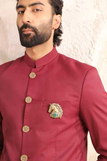 Shop_Cosa Nostraa_Gold Gemstones Royal Elephant Lotus Brooch _at_Aza_Fashions