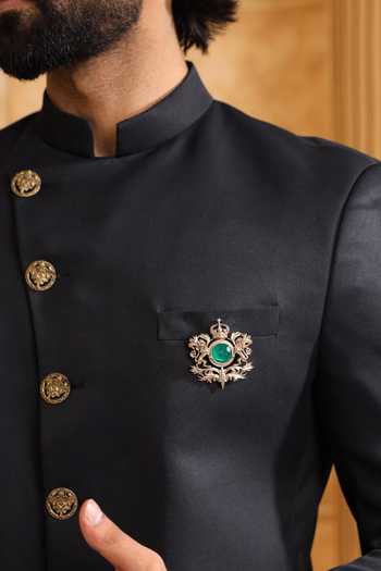 Shop_Cosa Nostraa_Gold Gemstones Twin Peacock Tusk Brooch _at_Aza_Fashions