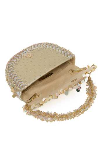 Doux Amour_Gold Sequins, Beads, Pearls, Stones Rangrez Flapover Clutch _Online_at_Aza_Fashions