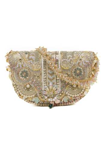 Buy_Doux Amour_Gold Sequins, Beads, Pearls, Stones Rangrez Flapover Clutch _Online_at_Aza_Fashions
