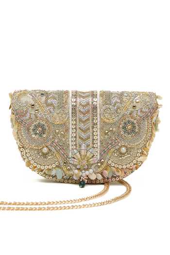 Shop_Doux Amour_Gold Sequins, Beads, Pearls, Stones Rangrez Flapover Clutch _Online_at_Aza_Fashions