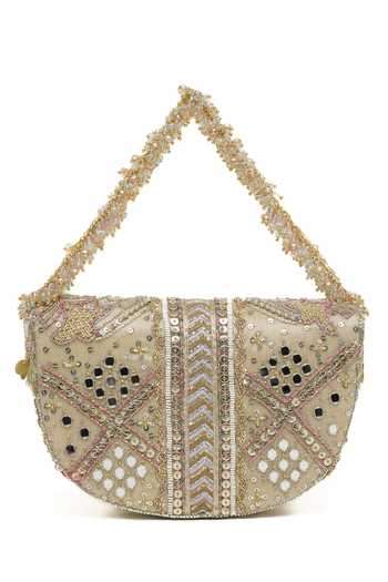 Doux Amour_Gold Sequins, Beads, Pearls, Stones Rangrez Flapover Clutch _at_Aza_Fashions