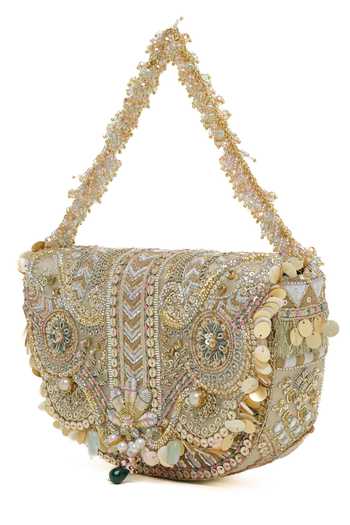 Buy_Doux Amour_Gold Sequins, Beads, Pearls, Stones Rangrez Flapover Clutch 
