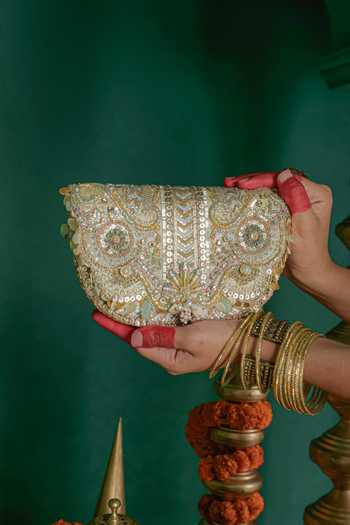 Shop_Doux Amour_Gold Sequins, Beads, Pearls, Stones Rangrez Flapover Clutch 