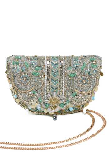 Doux Amour_Blue Sequins, Beads, Pearls, Mirrors Rangrez Flapover Clutch _Online_at_Aza_Fashions