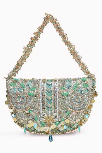 Buy_Doux Amour_Blue Sequins, Beads, Pearls, Mirrors Rangrez Flapover Clutch _Online_at_Aza_Fashions