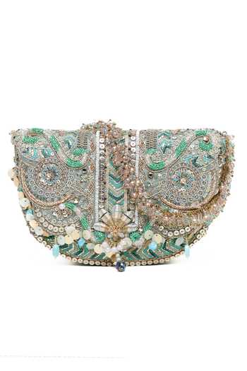 Doux Amour_Blue Sequins, Beads, Pearls, Mirrors Rangrez Flapover Clutch _at_Aza_Fashions