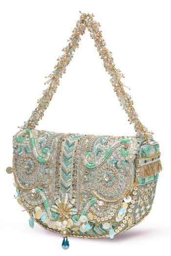 Buy_Doux Amour_Blue Sequins, Beads, Pearls, Mirrors Rangrez Flapover Clutch 