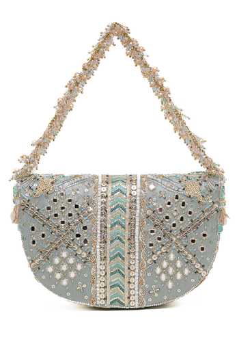 Shop_Doux Amour_Blue Sequins, Beads, Pearls, Mirrors Rangrez Flapover Clutch _at_Aza_Fashions
