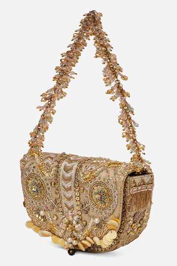 Doux Amour_Gold Sequins, Beads, Mirrors Rangrez Mini Flapover Clutch _Online_at_Aza_Fashions