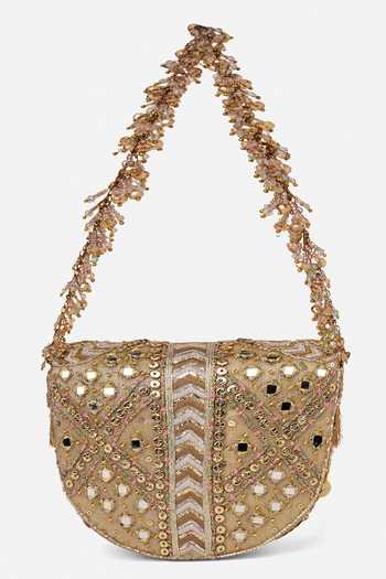 Buy_Doux Amour_Gold Sequins, Beads, Mirrors Rangrez Mini Flapover Clutch _Online_at_Aza_Fashions