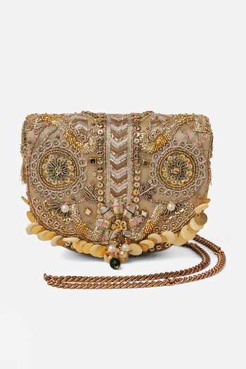 Shop_Doux Amour_Gold Sequins, Beads, Mirrors Rangrez Mini Flapover Clutch _Online_at_Aza_Fashions