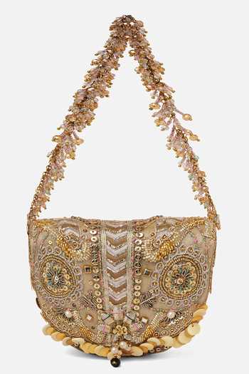 Shop_Doux Amour_Gold Sequins, Beads, Mirrors Rangrez Mini Flapover Clutch _at_Aza_Fashions
