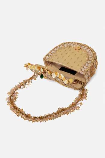 Doux Amour_Gold Sequins, Beads, Mirrors Rangrez Mini Flapover Clutch _at_Aza_Fashions