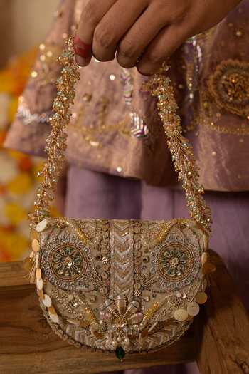 Buy_Doux Amour_Gold Sequins, Beads, Mirrors Rangrez Mini Flapover Clutch 