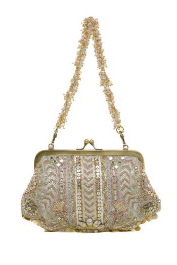 Shop_Doux Amour_Gold Sequins, Beads, Stones, Mirrors, Crystals Aabroo Embellished Clutch _at_Aza_Fashions