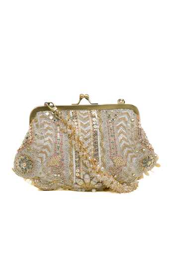 Shop_Doux Amour_Gold Sequins, Beads, Stones, Mirrors, Crystals Aabroo Embellished Clutch _Online_at_Aza_Fashions