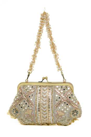 Buy_Doux Amour_Gold Sequins, Beads, Stones, Mirrors, Crystals Aabroo Embellished Clutch _at_Aza_Fashions