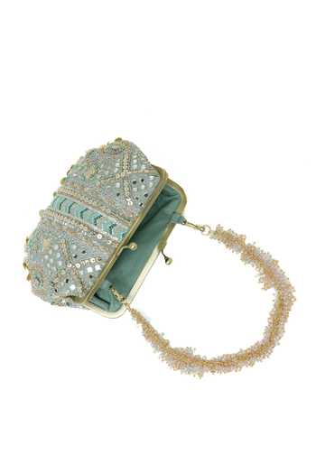 Doux Amour_Green Embroidery, Sequins, Beads, Mirrors, Stones Aabroo Embellished Clutch _Online_at_Aza_Fashions