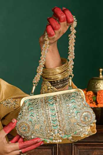 Buy_Doux Amour_Green Embroidery, Sequins, Beads, Mirrors, Stones Aabroo Embellished Clutch _at_Aza_Fashions