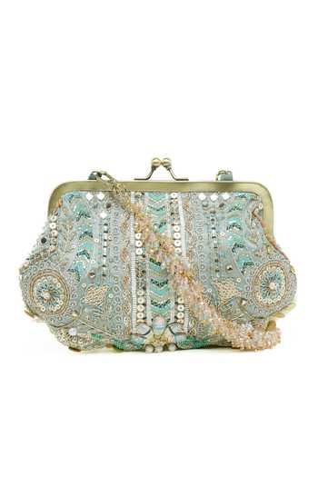 Shop_Doux Amour_Green Embroidery, Sequins, Beads, Mirrors, Stones Aabroo Embellished Clutch _Online_at_Aza_Fashions