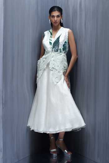 Buy_Richa Khemka_White Silk, Organza Embroidery V-neck Sylvara Coral Dress And Top Set _at_Aza_Fashions