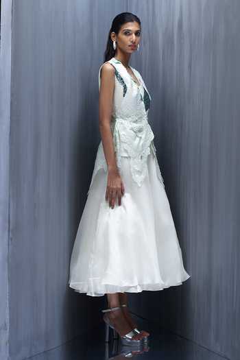 Shop_Richa Khemka_White Silk, Organza Embroidery V-neck Sylvara Coral Dress And Top Set _at_Aza_Fashions
