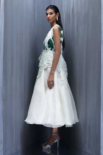Richa Khemka_White Silk, Organza Embroidery V-neck Sylvara Coral Dress And Top Set _Online_at_Aza_Fashions