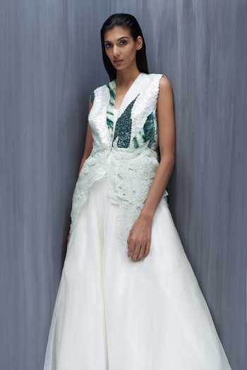 Buy_Richa Khemka_White Silk, Organza Embroidery V-neck Sylvara Coral Dress And Top Set _Online_at_Aza_Fashions