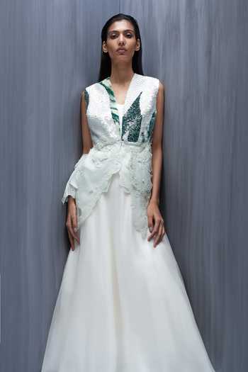 Shop_Richa Khemka_White Silk, Organza Embroidery V-neck Sylvara Coral Dress And Top Set _Online_at_Aza_Fashions
