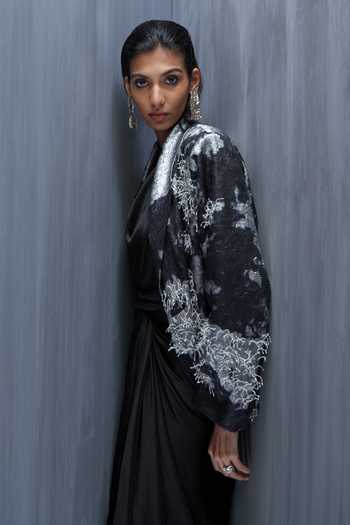 Richa Khemka_Black Satin Embroidery Cowl Noir Floriana Hand Embellished Blazer With Dress _Online_at_Aza_Fashions