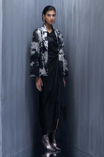 Buy_Richa Khemka_Black Satin Embroidery Cowl Noir Floriana Hand Embellished Blazer With Dress _Online_at_Aza_Fashions