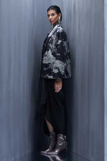 Shop_Richa Khemka_Black Satin Embroidery Cowl Noir Floriana Hand Embellished Blazer With Dress _Online_at_Aza_Fashions