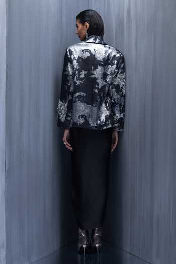 Shop_Richa Khemka_Black Satin Embroidery Cowl Noir Floriana Hand Embellished Blazer With Dress _at_Aza_Fashions