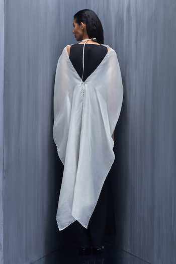 Shop_Richa Khemka_Black Organza High Neck Coral Poppy Cape With Jumpsuit _at_Aza_Fashions