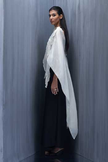 Richa Khemka_Black Organza High Neck Coral Poppy Cape With Jumpsuit _Online_at_Aza_Fashions