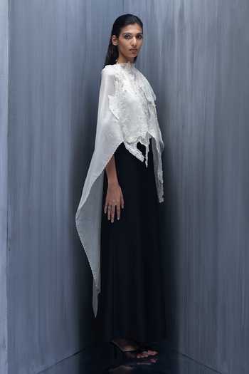 Shop_Richa Khemka_Black Organza High Neck Coral Poppy Cape With Jumpsuit _Online_at_Aza_Fashions