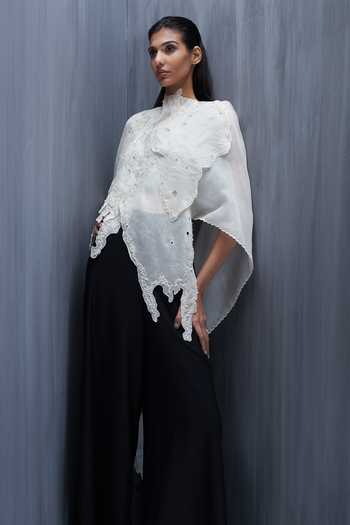 Buy_Richa Khemka_Black Organza High Neck Coral Poppy Cape With Jumpsuit _at_Aza_Fashions